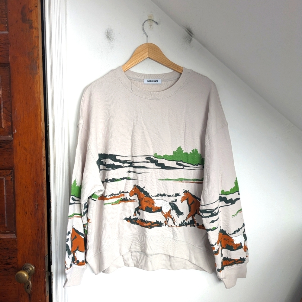 Daydreamer Cream Sweatshirt with Horse Graphic and Green Accents